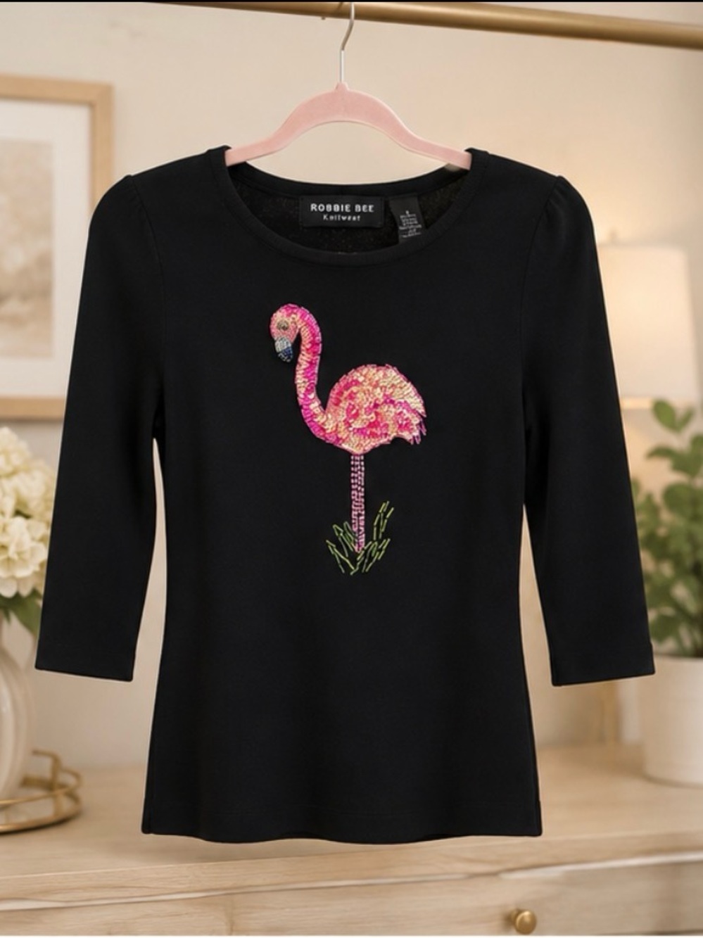 Robbie Bee Black Knit Top with Pink Flamingo Sequin Applique